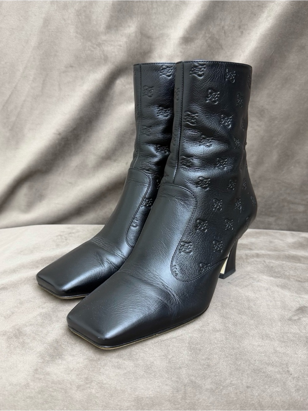 Fendi Black Embossed Leather Mid-Heel Ankle Boots